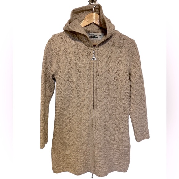 Aran Crafts Sweaters - Aran Crafts 100% Merino Wool Zip Up Longline Hooded Cable Knit Sweater Sz XS